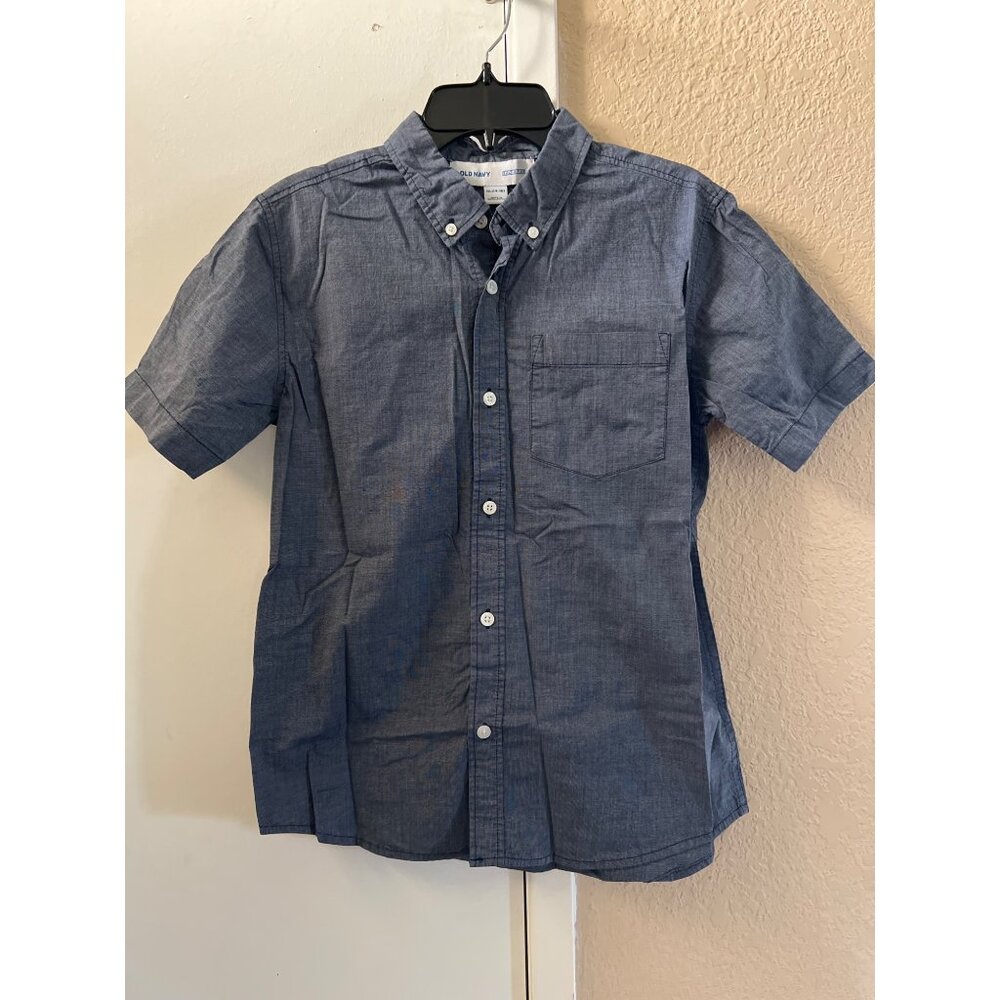 Old Navy Button Front Built in Flex Stretch Navy Denim Look Shirt Boys Size XL 1